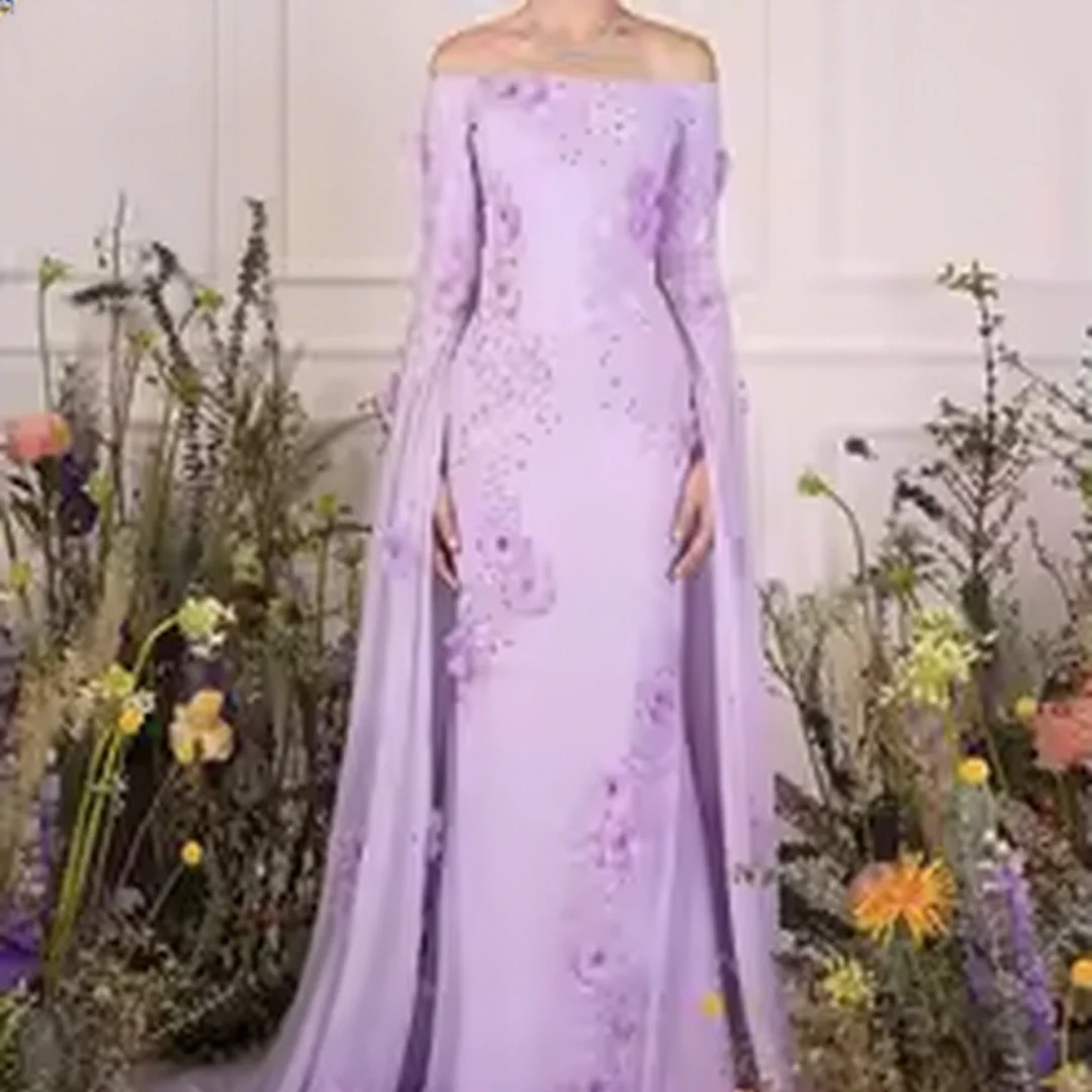 

Customized Lavender Chiffon and Sparkly Sequined Evening Dress with 3D Flowers Boat Neck Off the Shoulder Long Sleeve