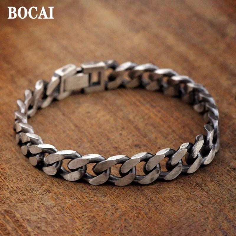 

BOCAI 100% s925 Silver Solid Thick and Rough Personality Men's Bracelet 2021 Trendy Punk Style Rock Locomotive Fashion Jewelry