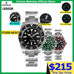 Cronos Sub Diver Men Watch No Date PT5000 Brushed Bracelet Ceramic Bezel 200 meters Water Resistant