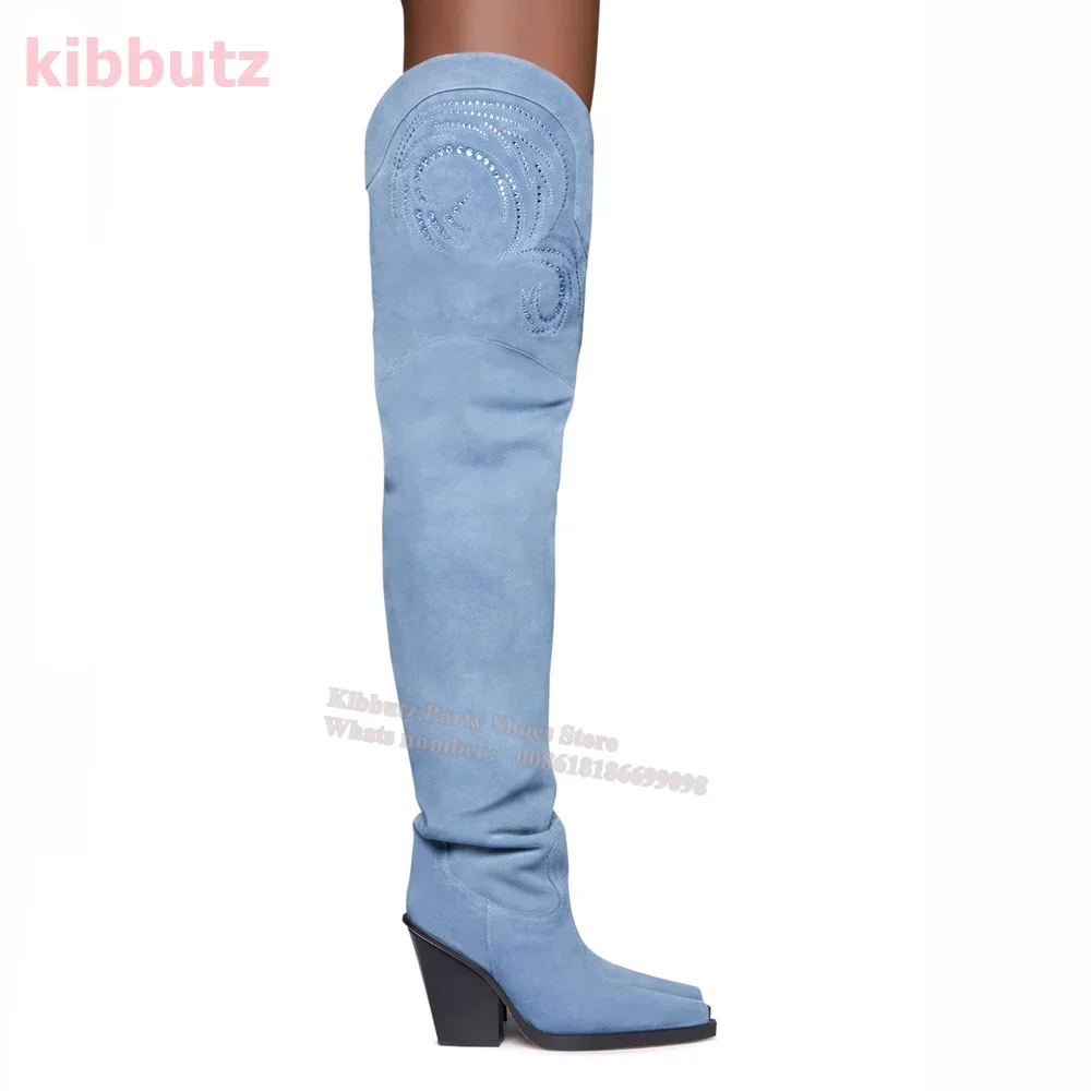 Blue Embroidery Boots Over The Knee Suede Pointed Toe Square Heel Slip-On Cowboy Fashion Runway Show Sexy Concise Women Shoe New
