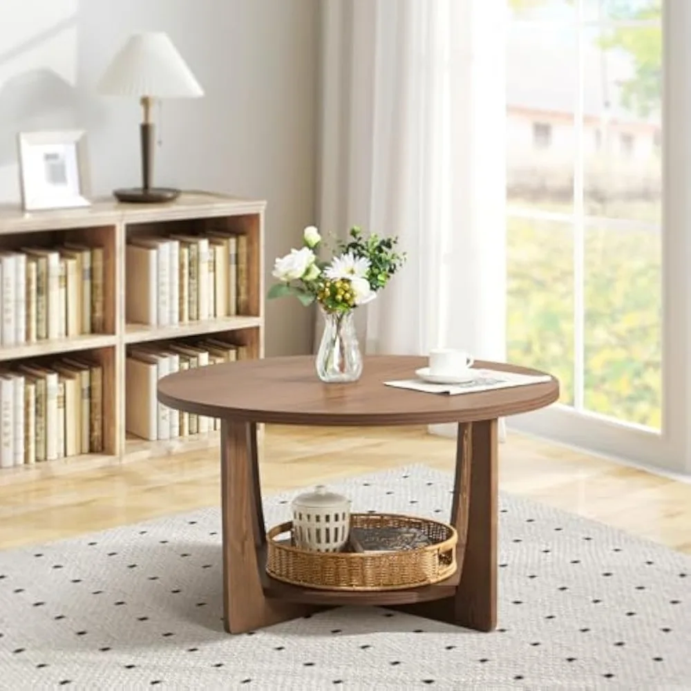 طاولة قهوة مستديرة من خشب الصنوبر الصلب مقاس 31.5 بوصة مع رف تخزين