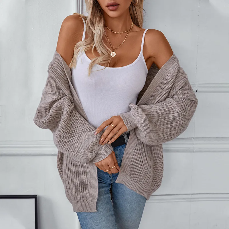 New Casual Loose Solid Color Mid-length Knitted Sweater Cardigan Jacket for Women