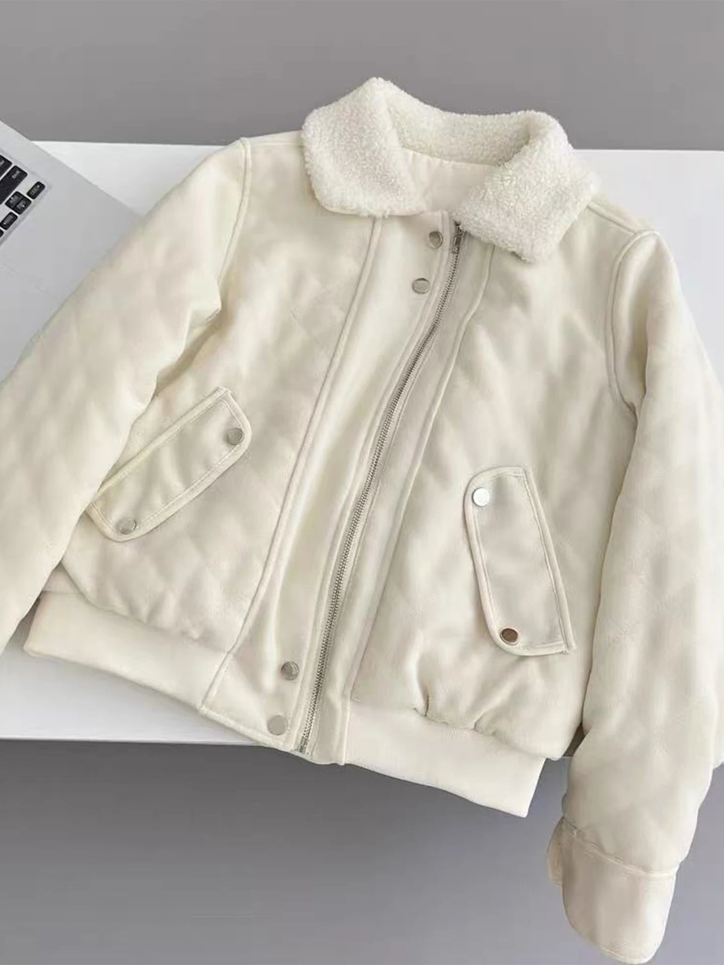 

Ele осенне-зимнее женское шерстяное пальто с ромбовидным узором и отложным воротником, хлопковое пуховое пальто-стойка, роскошное ощущение