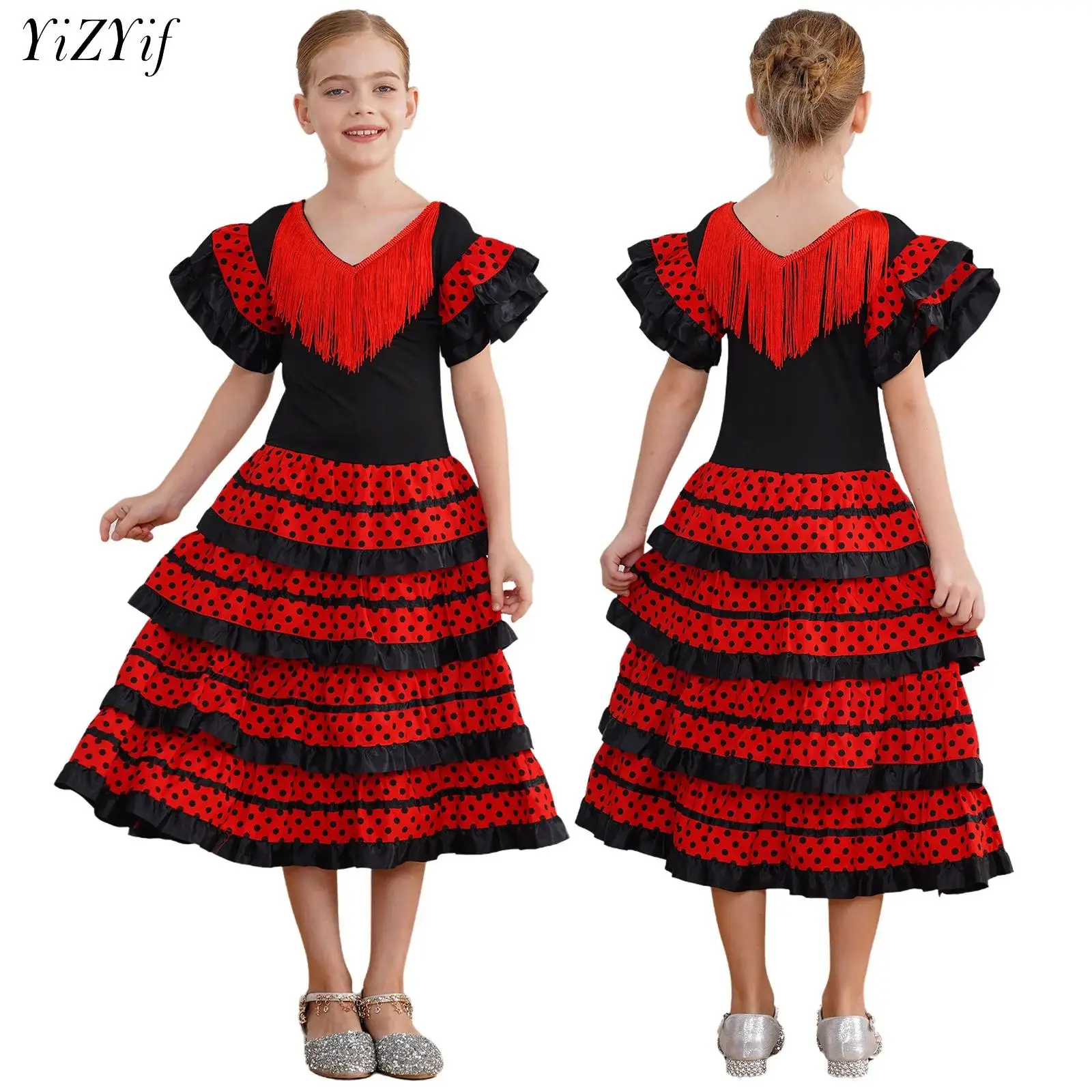 Kids Girls Spanish Flamenco Dance Dress Gypsy Classic Flamengo Dancewear Festival Carnival Bullfight Sevilla Performance Costume