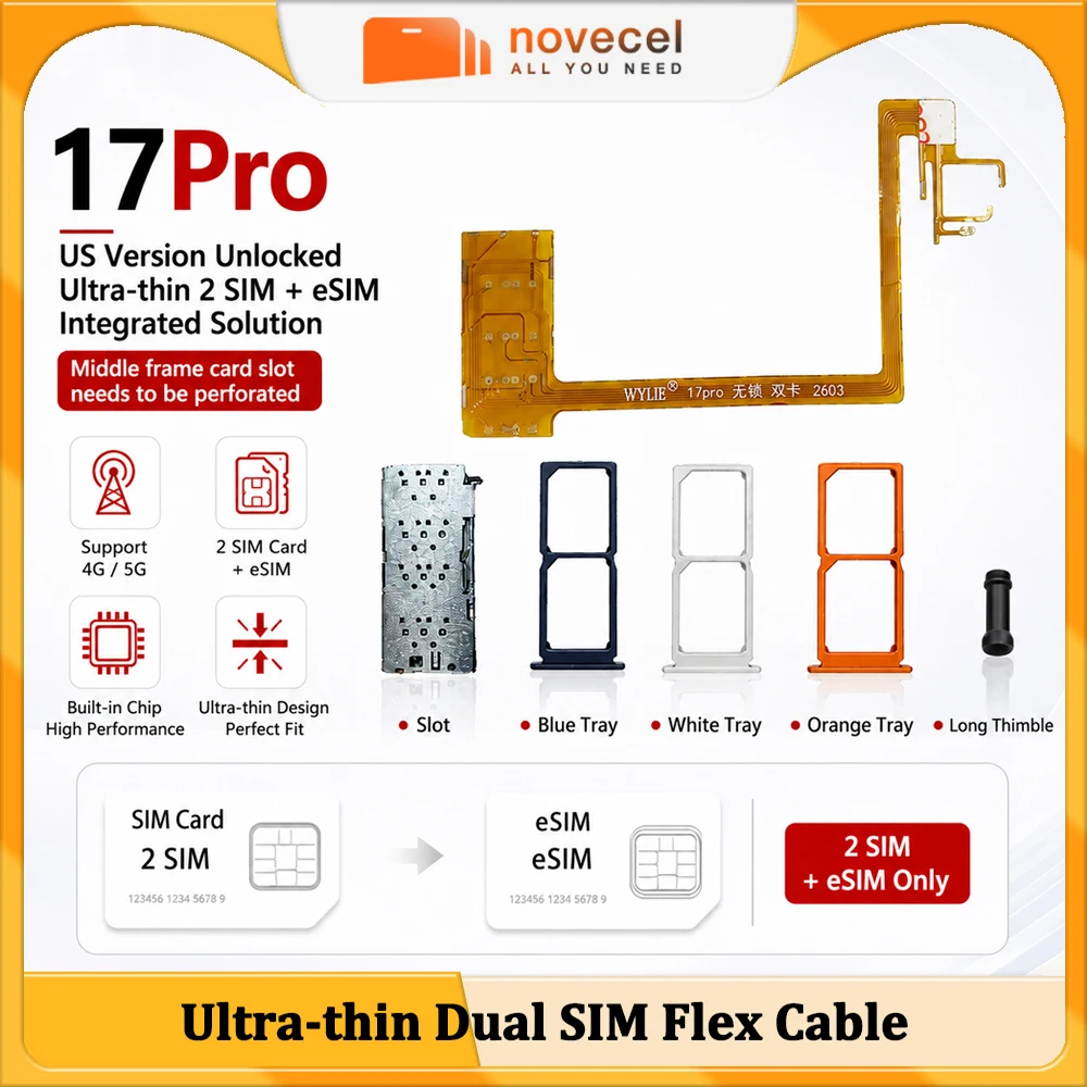 WYLIE For iPhone 17 Pro US Version Dual SIM Conversion Flex Cable 2 SIM + eSIM Card Slot Adapter Tray Kit Phone Repair Parts