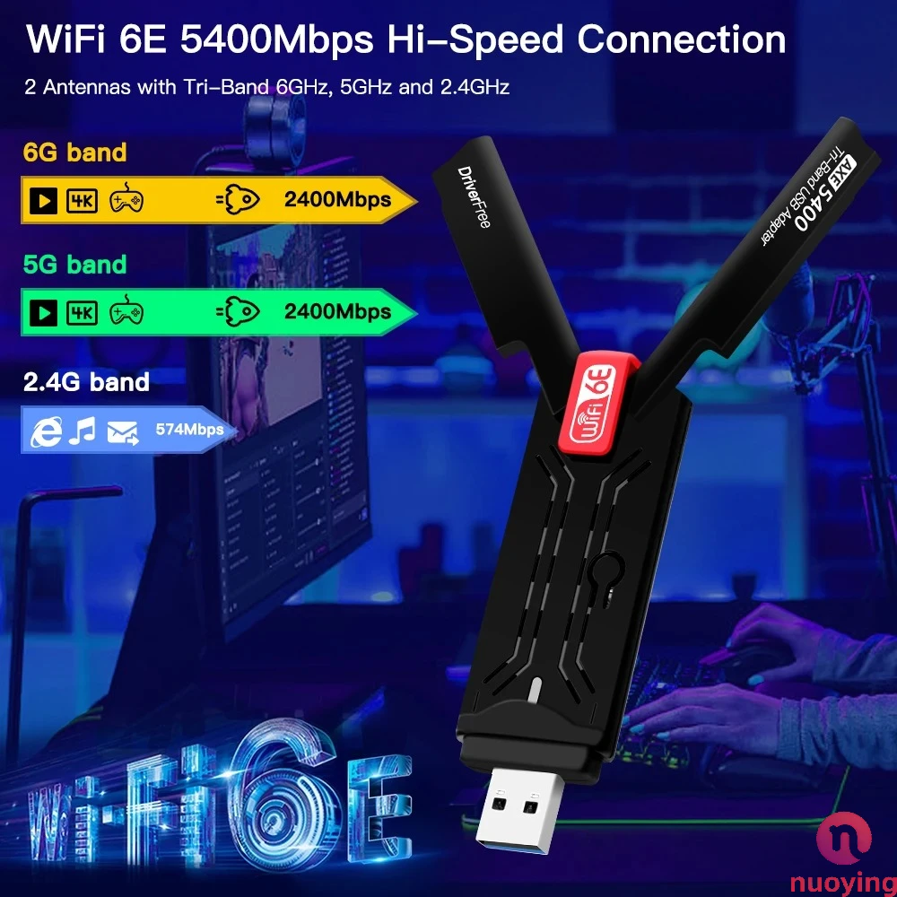 WiFi6E AX5400 USB 3.0 Wireless-Adapter 2,4 GHz/5 GHz/6 GHz Wi-Fi-Booster mit High-Gain-Antenne für PC/Laptop Win10/11, ohne Treiber