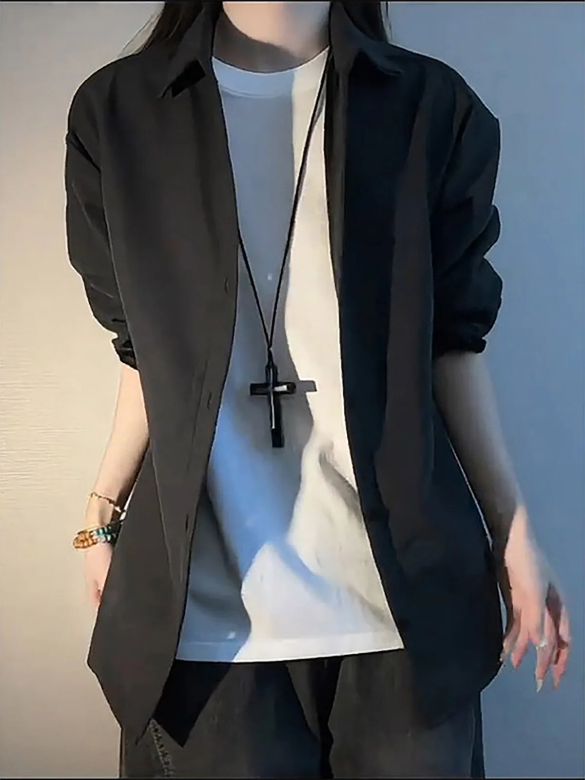 Black Ice Silk Long Sleeve Shirt Men's Autumn Thin Breathable Casual Outerwear Drapey Layering Shirt Commute Leisure Jacket