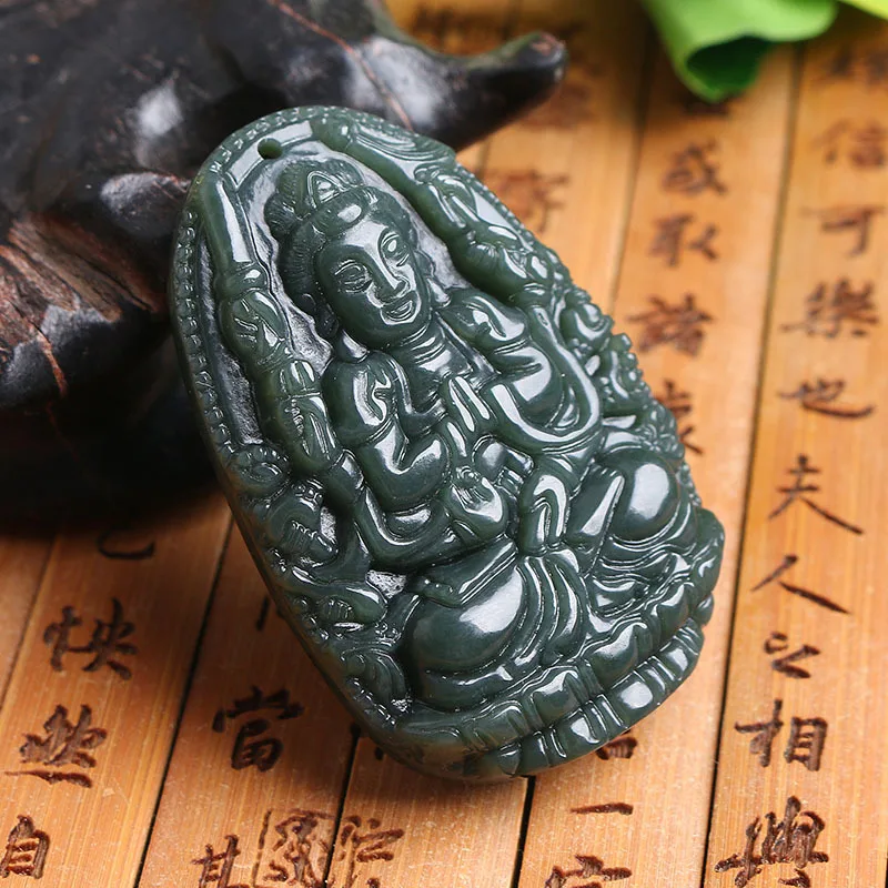 Natural Hotan Green Jade Zodiac Pendant With Eight Guardian Deities