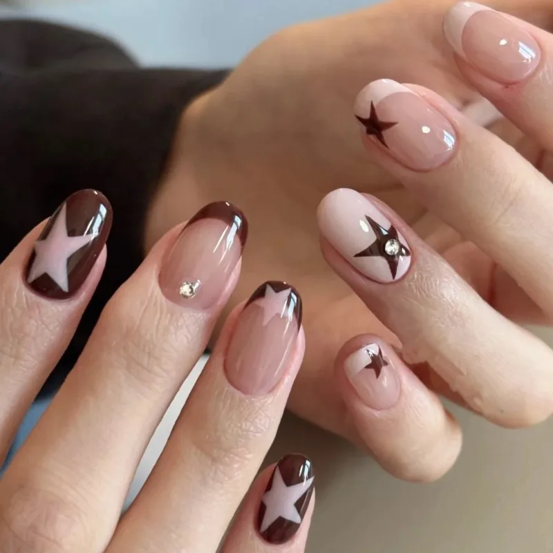 10個入り ハンドメイド ネイルチップ スターフレンチ プレスオンネイル 粘着タブ付き 秋のフェイクネイル 女性用 ホリデー用 付け爪セット