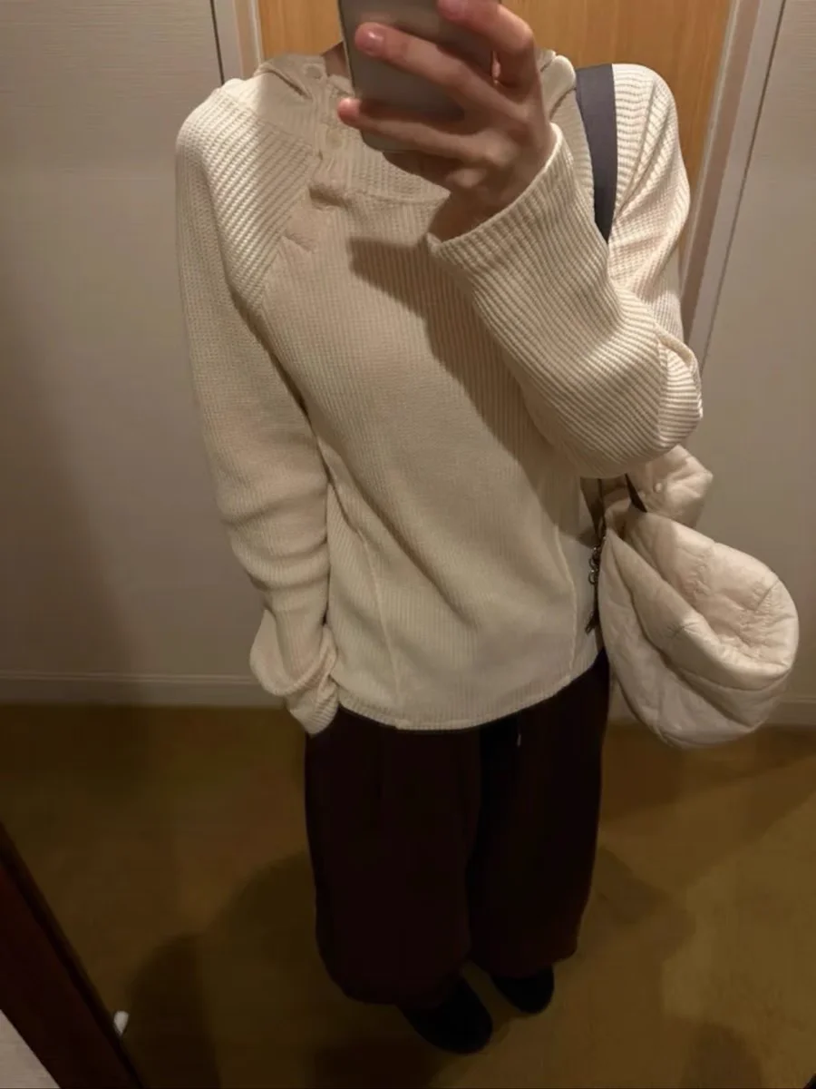 

Вафельный вязаный свитшот без шапки, женская новая верхняя одежда, осенняя прошитая вязка в стиле хип-хоп, спортивная текстура в американском стиле GF