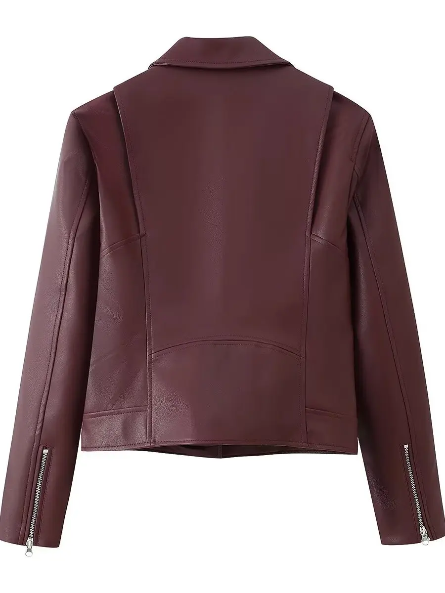 Women's Retro Motorcycle Style Zipper Collar Leather Jacket Short Autumn Open Cardigan Outerwear Versatile Fashionable