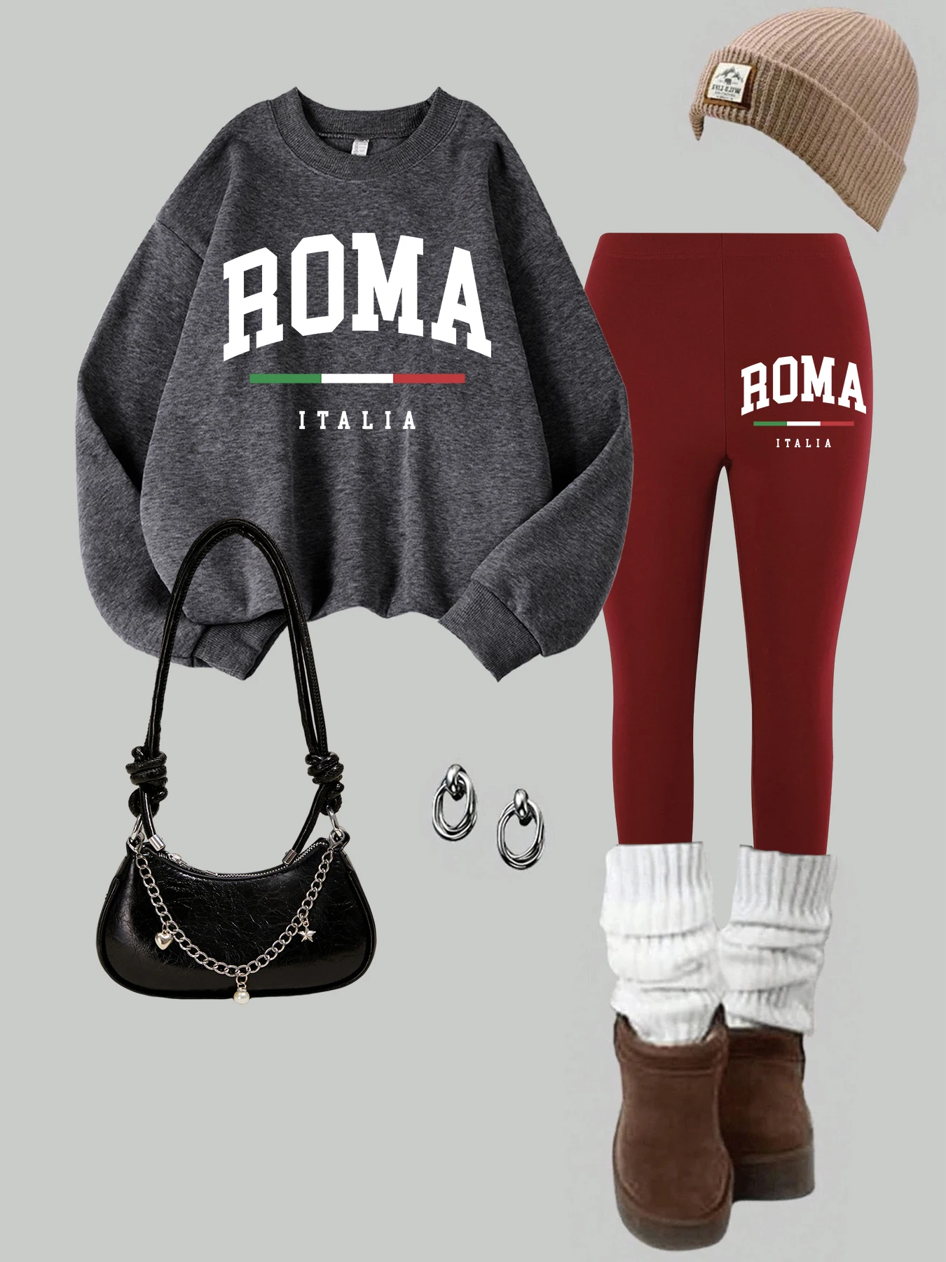 2-teiliges Damen-Sweatshirt-Leggings-Set mit Kolosseum-Rom-Italien-Aufdruck, Winter-Thermo-warme Hoodies, Hosen, Straßen-Damenkleidung