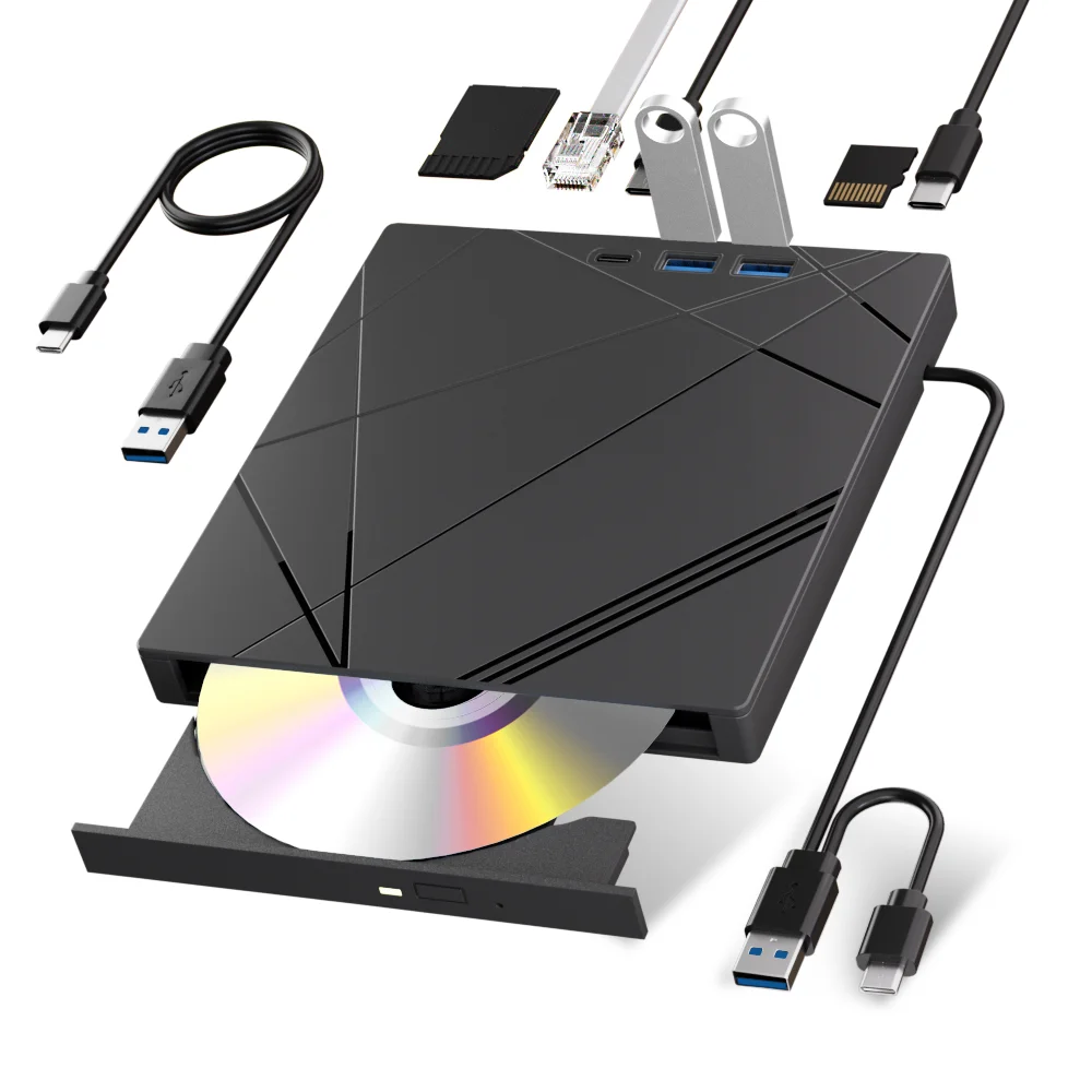 

External CD/DVD Drive USB 3.0 DVD Burner with Ethernet Adapter,TF/SD Card Slots,CD/DVD Player Reader/Writer for Windows Mac OS