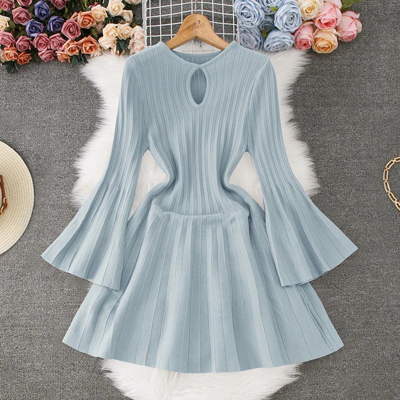 sweet Basic Slim Flare Sleeve knit o neck Dress Vintage Korean Fashion Knit Vestido Women summer dresses
