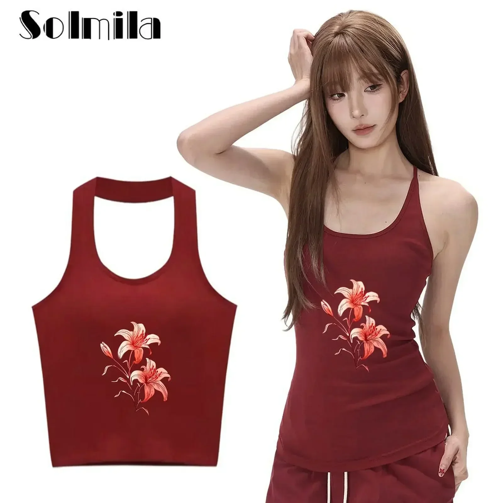 

Casual Outing Claret Halter Vest Sleeveless Fashion Top Cotton Spandex Fabric Regular Length Round Neck Design