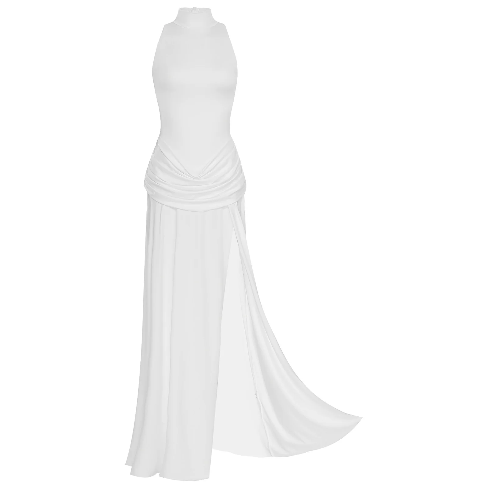 Robe Maxi élégante pour femmes, col montant, sans manches, superposition froncée, fente haute, robes de soirée pour fête d'anniversaire, Banquets de mariage