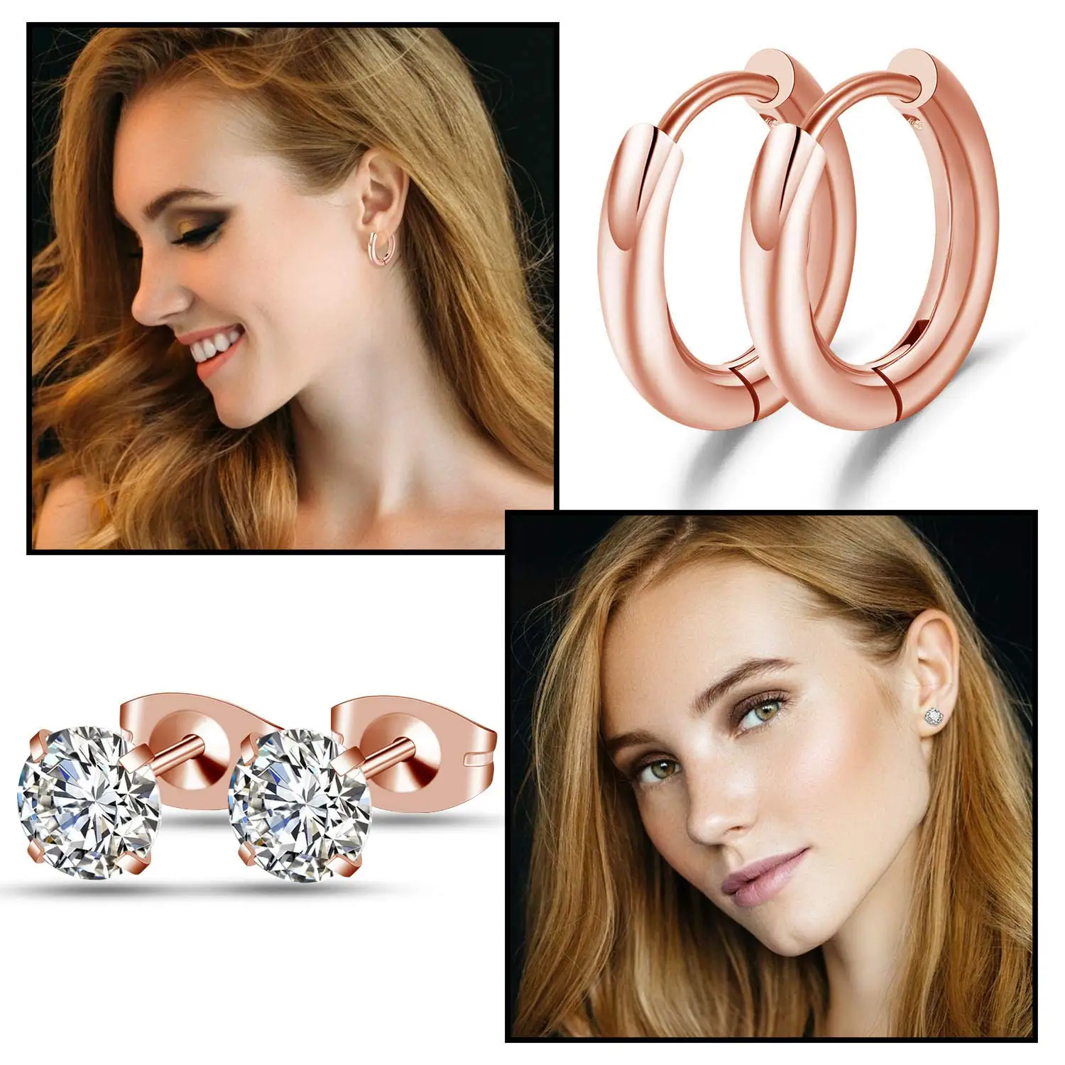 1 Pair Rosegold Tone Stainless Steel Multiple Piercing Small Huggie Hoop Earrings CZ Cartilage Stud Earrings Set for Women