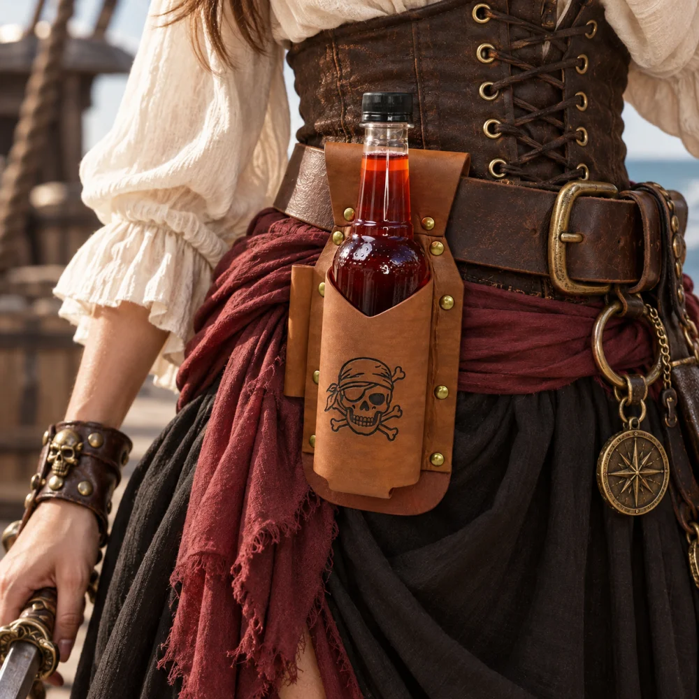 PU Leather Bottle Holder for Belt, Vintage Pirate Skull Drink Bottle Pouch, Medieval Viking LARP Renaissance Cosplay Halloween C