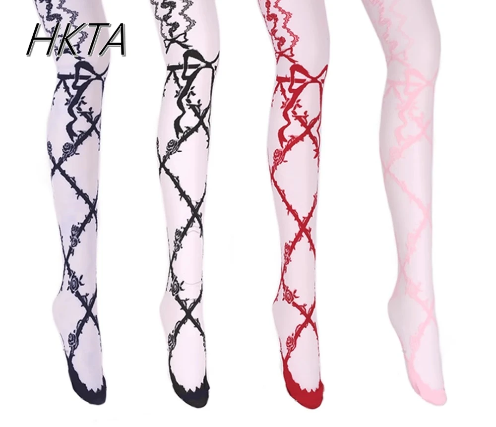 Lolita hot Rose Print Velvet Slightly Transparent Versatile Thigh High Socks Women Summer Goth White Burgundy Pantyhose Ladies
