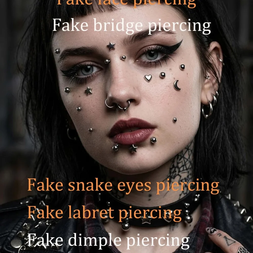 Fake Piercings Balls Stick on Nose Stud Fake Eyebrow Lip Hoop Medusa Labret Stud Adhesive Star Face Gems Rhinestone view 6