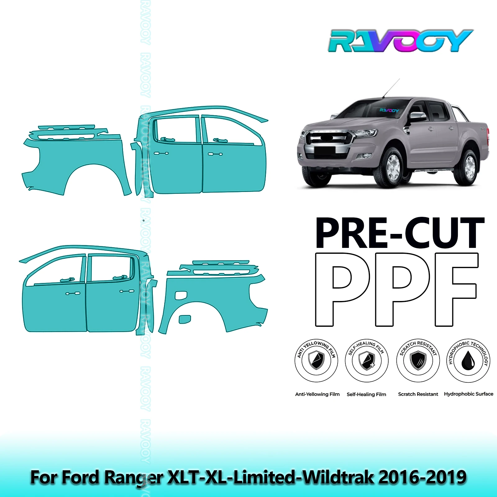 

For Ford Ranger XLT-XL-Limited-Wildtrak 2016-2019 8.5mil Pre-Cut PPF Door & A/B Pillar Kit TPU Paint Protection Film Set