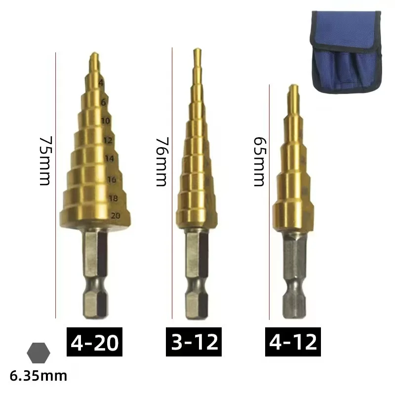 3pcs Titanium Coated Step Drill Bit Set 3-12mm 4-12mm 4-20mm Tapered Hole Cutter Bearing Steel for Metal Wood Hole Drilling Tool