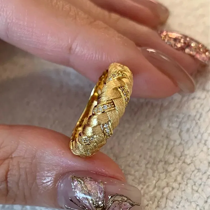 Retro Gentle Style Brushed Craft Wheat Rings for Women Silver 925 Inlaid Diamond New in Wide Ring Couple Style Banquet Jewelry
