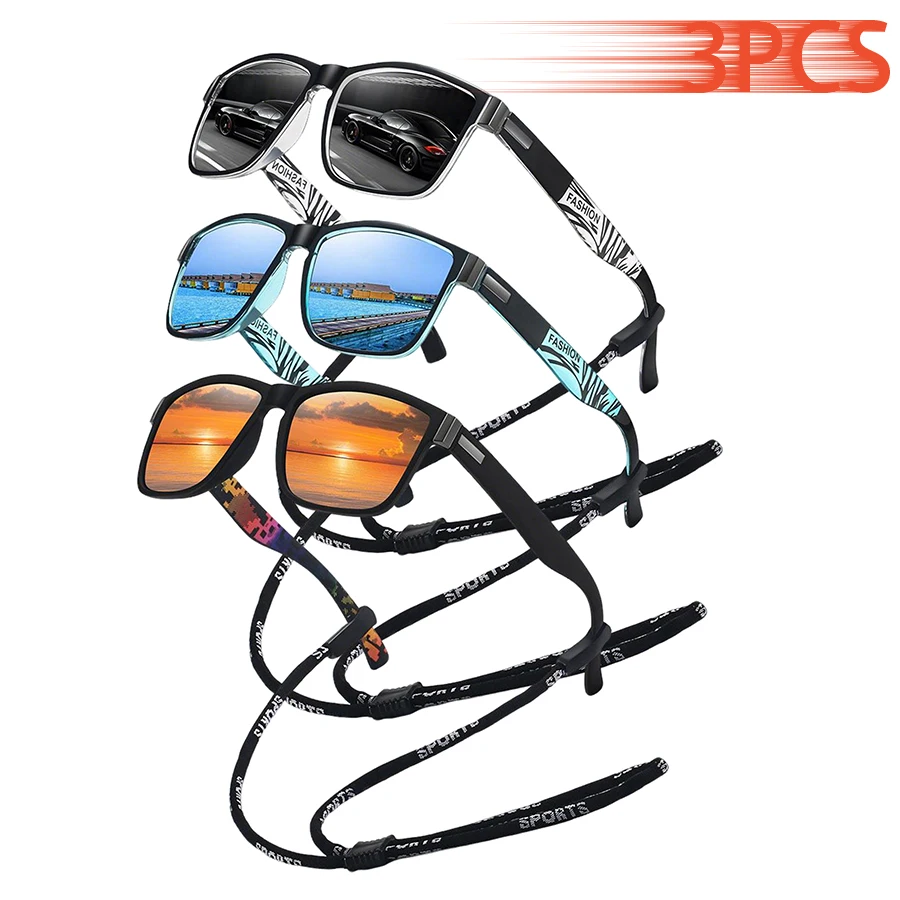 3er-Set mit Kette, modische Vintage-Muster-Quadrat-Sonnenbrille für Herren und Damen, zum Fahren und Angeln, Designer-Sonnenbrille für Männer und Frauen