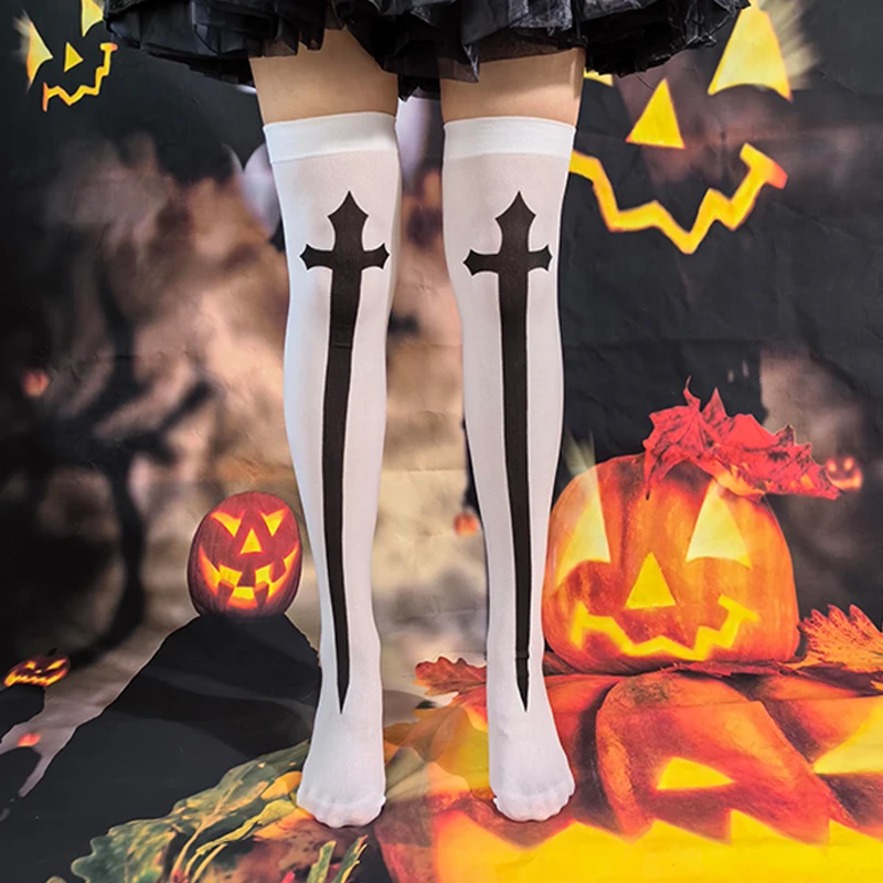 Chaussettes d'Halloween amusantes pour femmes, chaussettes hautes croisées, adaptées au cosplay, chaussettes de fête, chaussettes au-dessus du genou, chaussettes d'infirmière, chaussettes de nonne, 1 paire