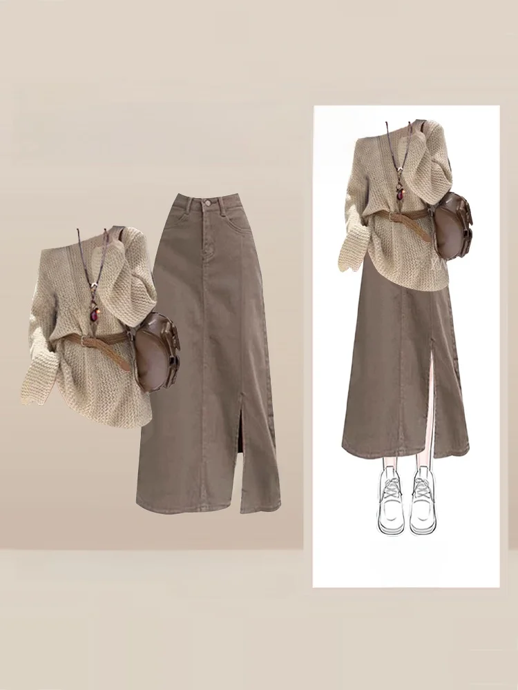 

Ele Hollow out oulder Design Женский комплект с юбкой Зимний сезон Длинный светящийся круглый свитер Кардиган Sle Meat Concealing