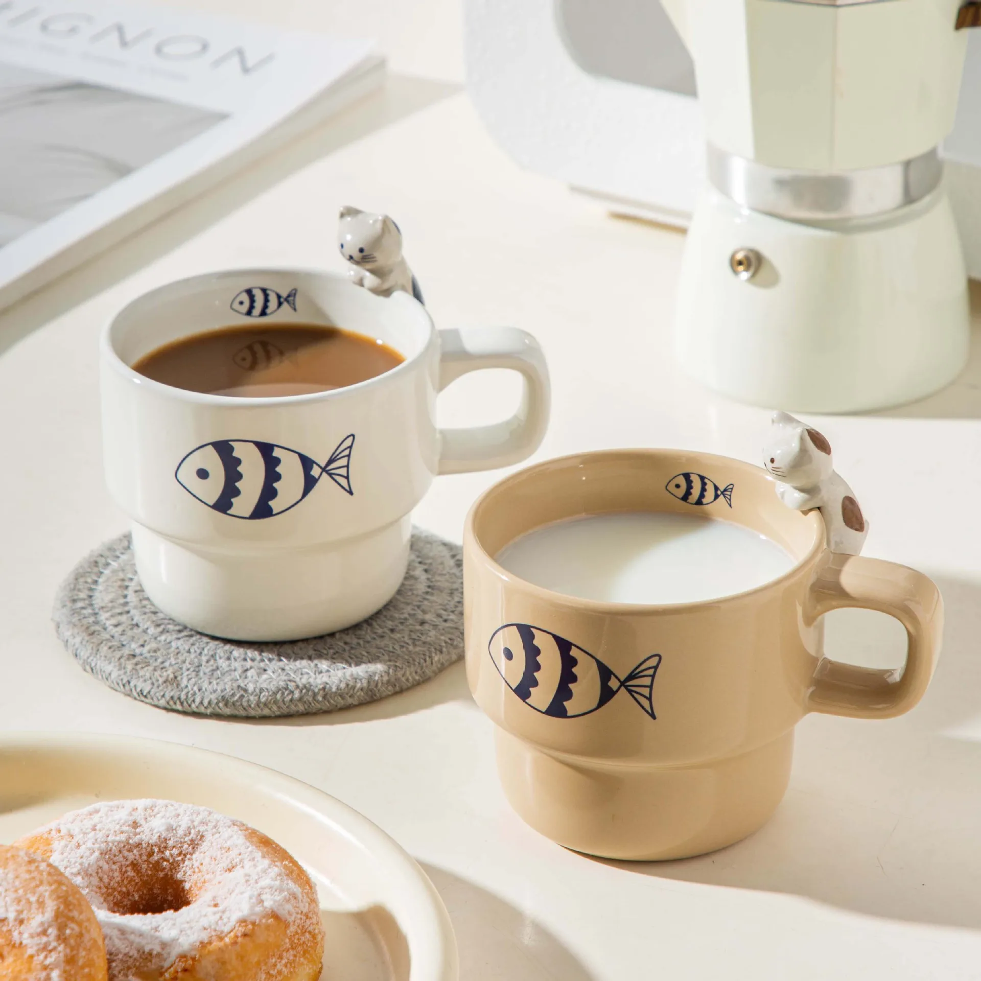 Japanese Cute Cat Coffee Cup Hand Drawn Ins High Aesthetic Ceramic Creative Three-dimensional Household Water Cup Hanging Tea