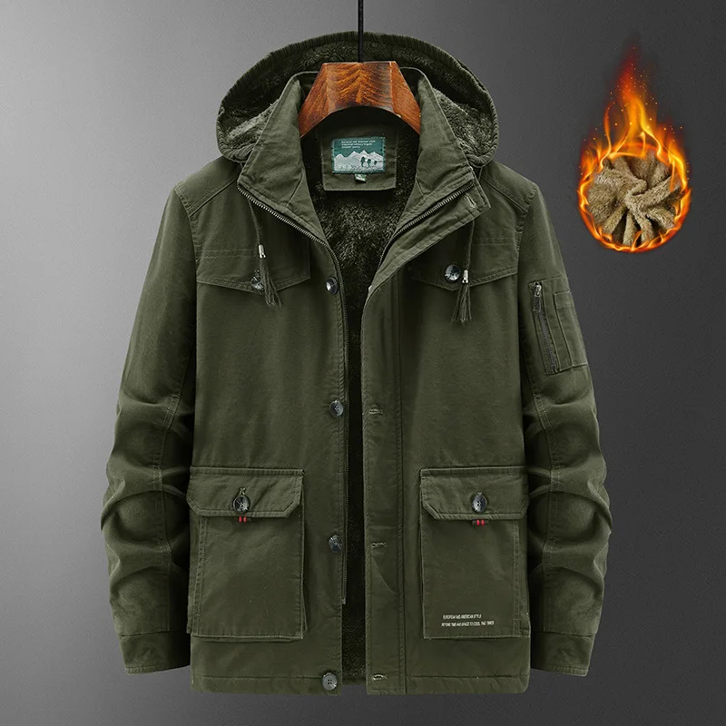 Hooded Multi-Pocket Fleece Padded Jacket Men's Cotton Warm Military Casual Outerwear