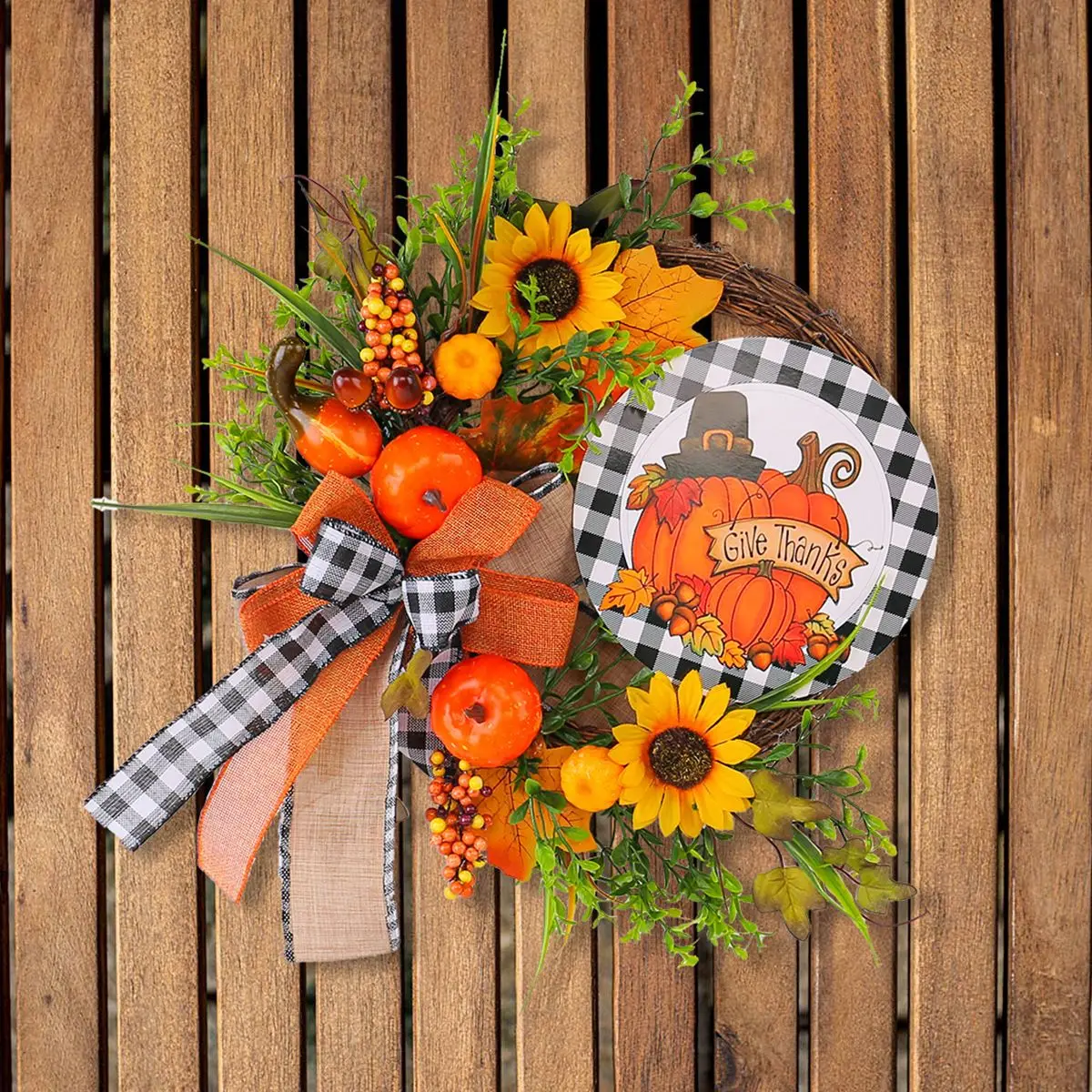 #￥New Wooden Decoration Thanksgiving Sunflower Autumn Color Pumpkin Wreath Simulation Plant Door Hanging