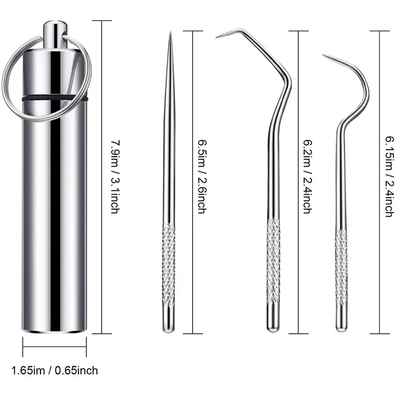 Zahnstocher-Taschenset aus Edelstahl, tragbares Zahnseide-Pick, wiederverwendbares Zahnstocher-Zahnreinigungsset aus Metall mit Schlüsselanhänger-Halter – Detail 5