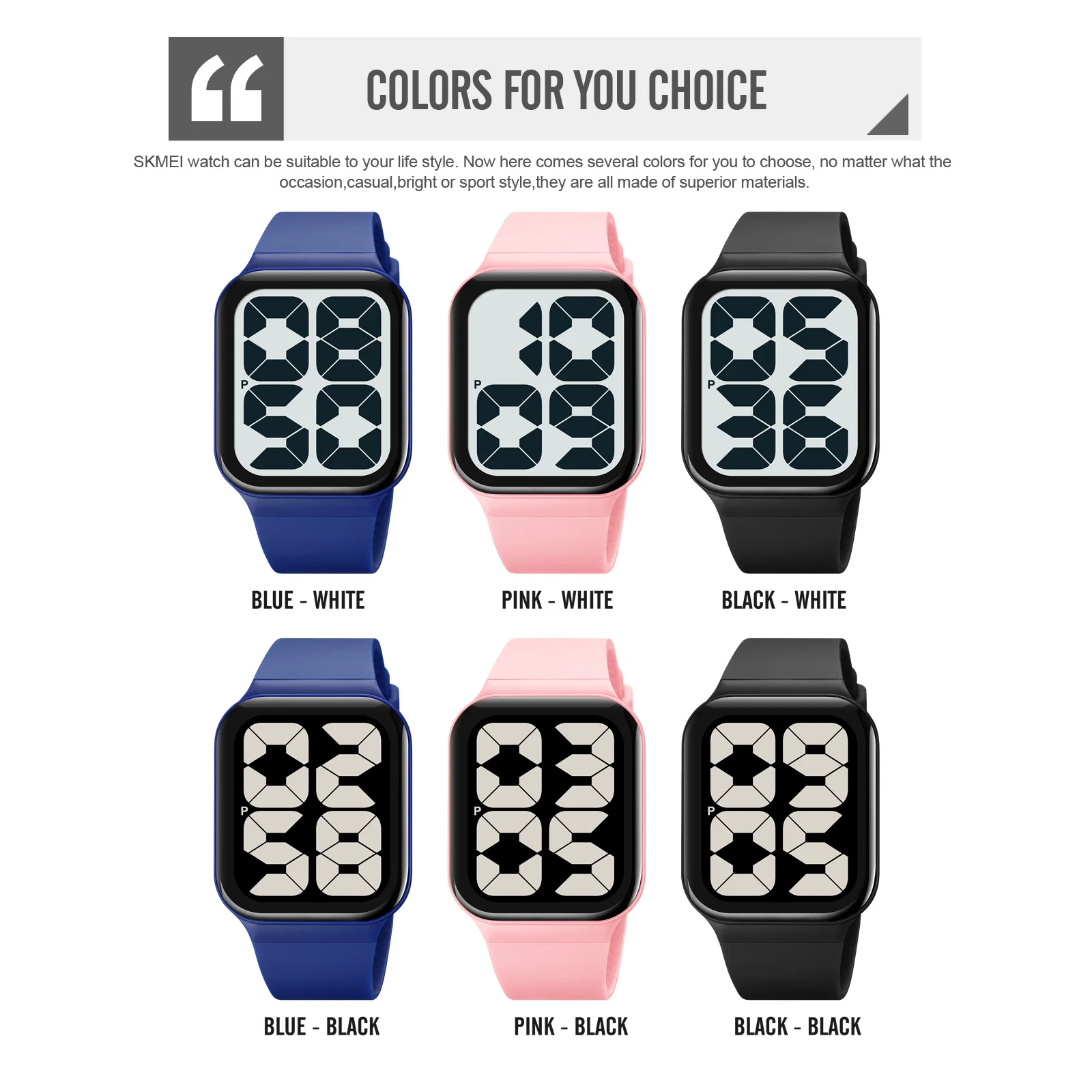 SKMEI 트렌드 심플 상쾌한 스퀘어 손목시계 울트라 내로우 베젤 곡선 대형 디스크 대형 문자 디스플레이 10 대 학생 어린이 다기능 요일 캘린더 디스플레이 방수 발광 캐주얼 아웃 도어 스포츠 멋쟁이 유니섹스 전자 시계 1995