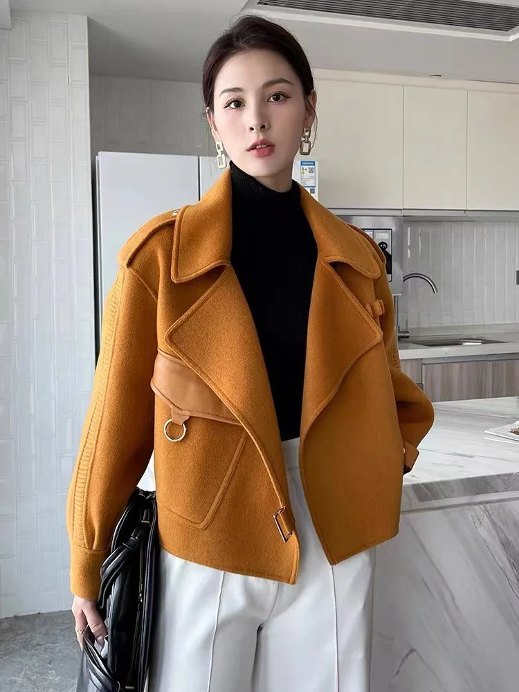 New 2023 Winter High Street Woolen Women Coat Casual Turn-Down Collar Loose Short Sections Jacket Ladies Wool Outerwear