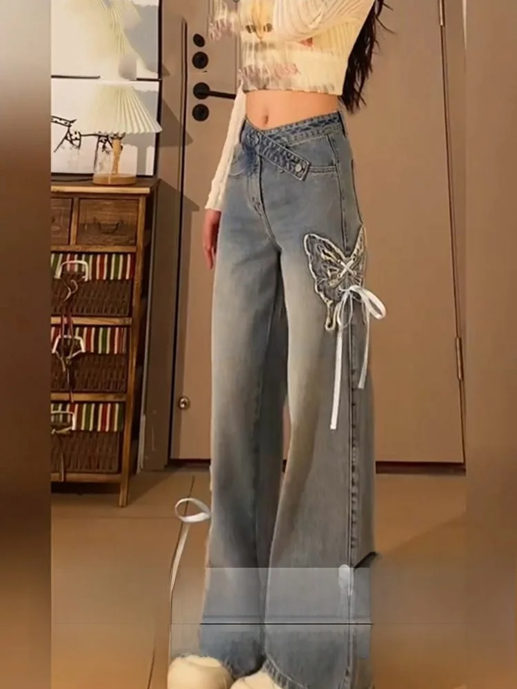 

plus Size American Embroidery Wide Leg Jeans Women's High Waist Loose Slim Straight Long Pants Spring 2026 New Style