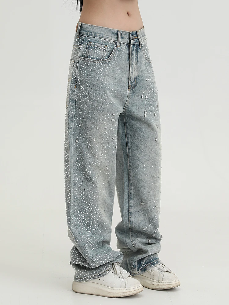 Celana Jeans Full Rhinestone Gaya Amerika High Street Pria Wanita Tren 2025 Stylish Longgar Lurus Berkilau Rhinestone Celana Lebar