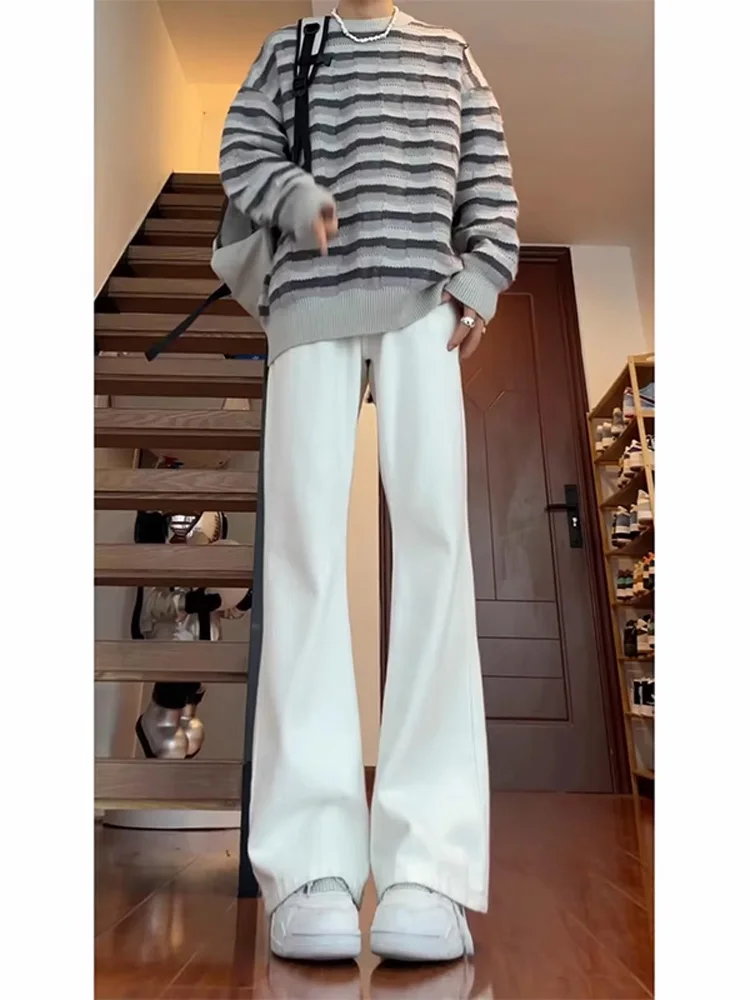 

White Straight Leg Men's Jeans High Street Sle Knife Design Slim Fit Casual Trousers for Taller Men Autumn Faion