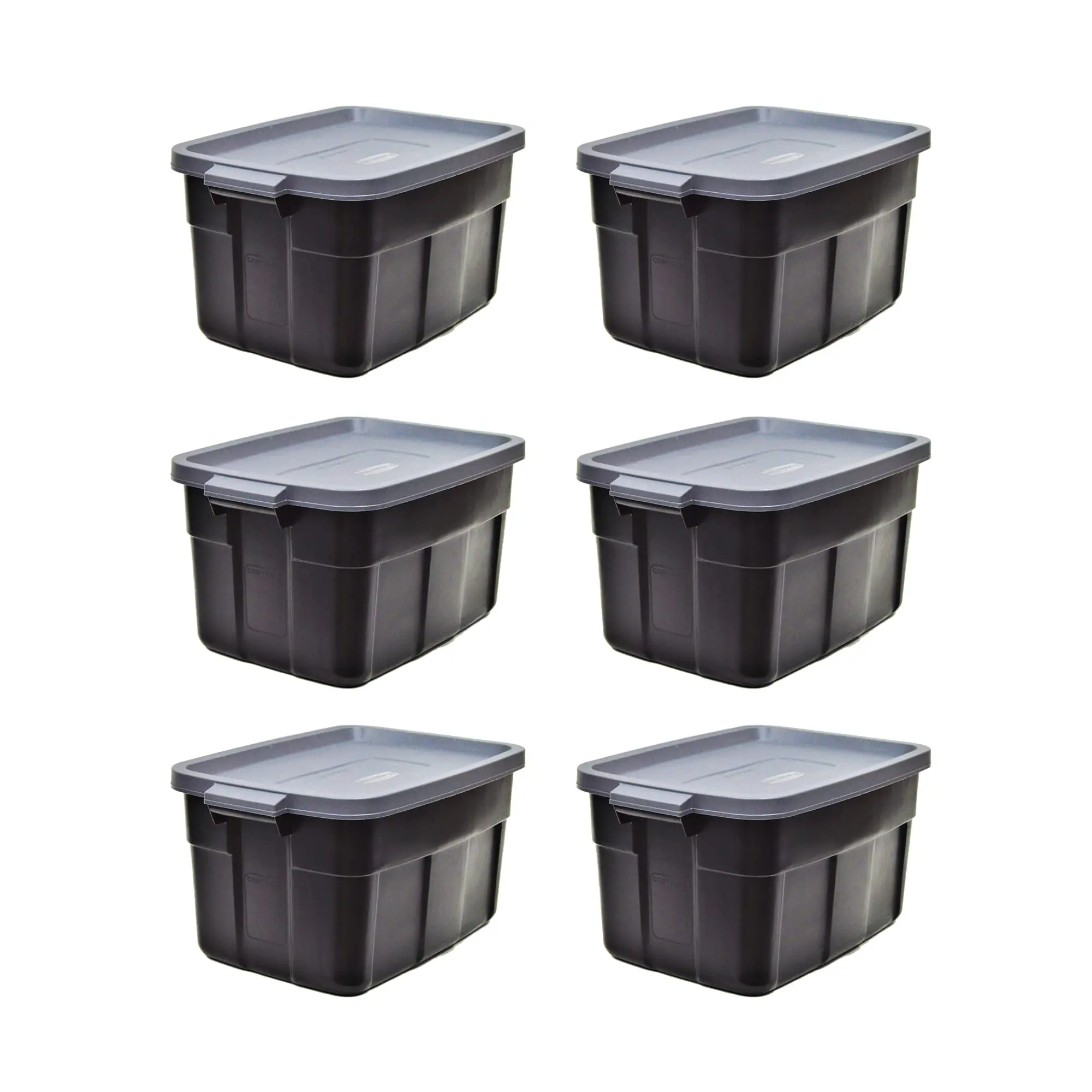 Roughneck Tote 14 Gal 6 Pack Made in USA Black & Gray Rugged Plastic Stackable Storage Bins with Lids and Handles