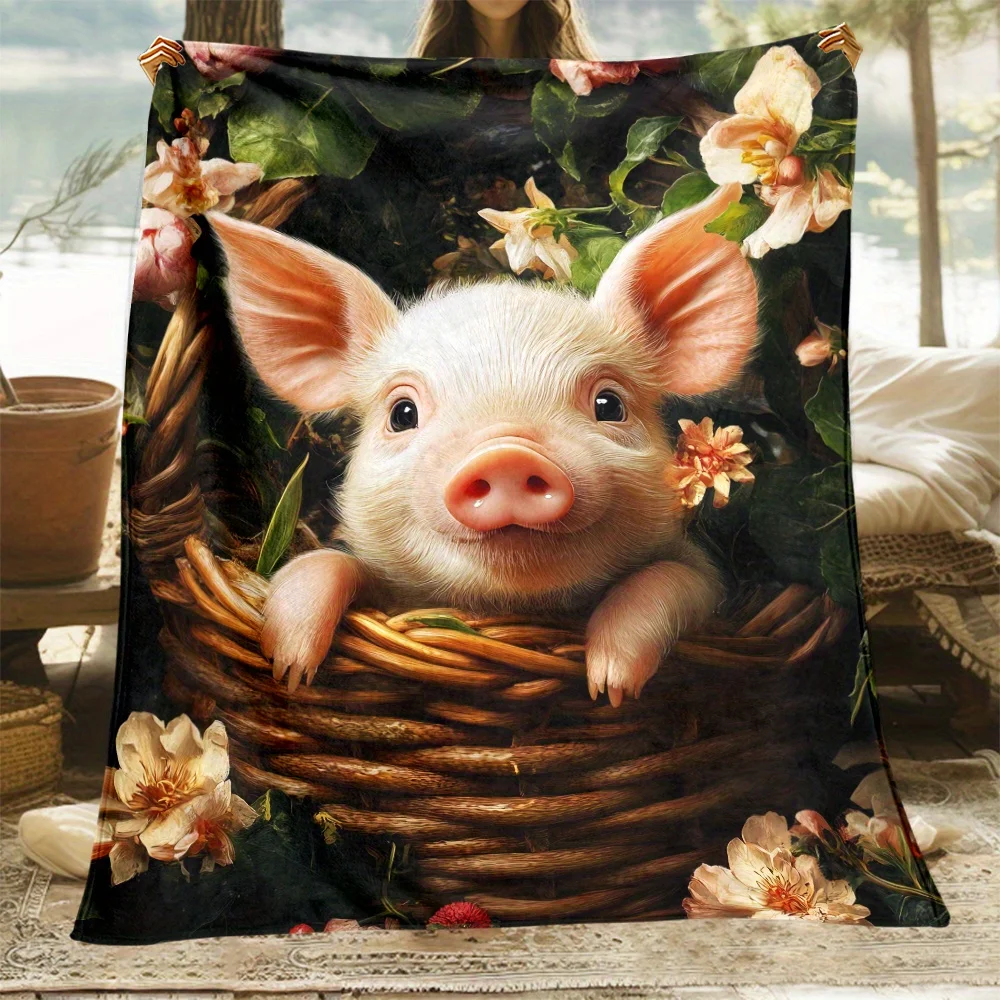 1pc Fluffy Throw Blanket, Cute Piglet in Basket Floral Print, Warm Blanket for Sofa Bedroom, Multifunctional Camping Blanket