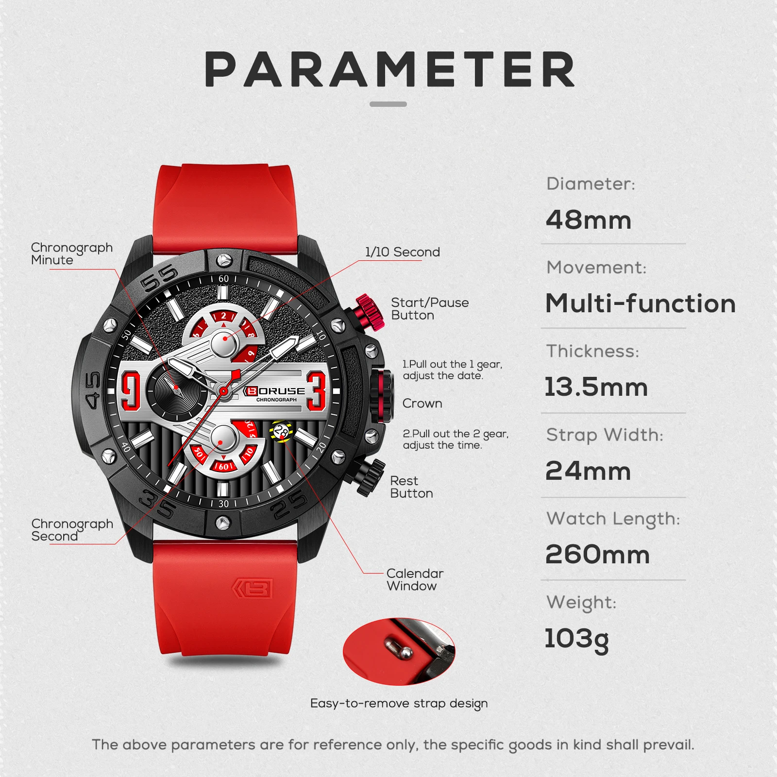 BORUSE Sport Quartz Red Watch for Men Luxury Wristwatches Chronograph Waterproof Casual Clock Montre Homme