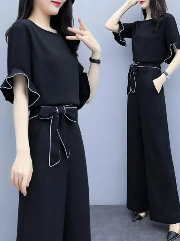 Fashionable High Waist Wide Leg Pants Set Women's Casual Summer New Style Slimming Stylish Two Piece Set Queenly Elegant