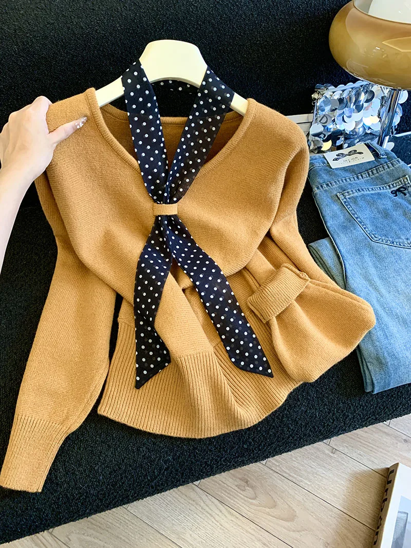 

Элегантный вязаный шарф для женщин в корейском стиле, высококачественный осенне-зимний свитер-топ, вневременная корейская модная тенденция