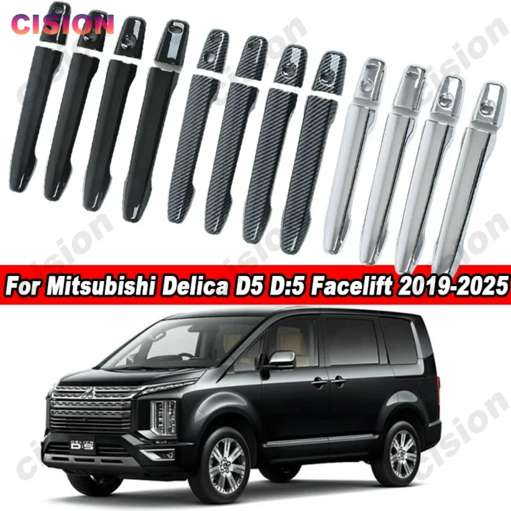 Marco de manija de puerta de coche cromado negro de fibra de carbono, cubierta de Panel embellecedor, pegatina de Material ABS para Mitsubishi Delica D5 L300 2019-2026