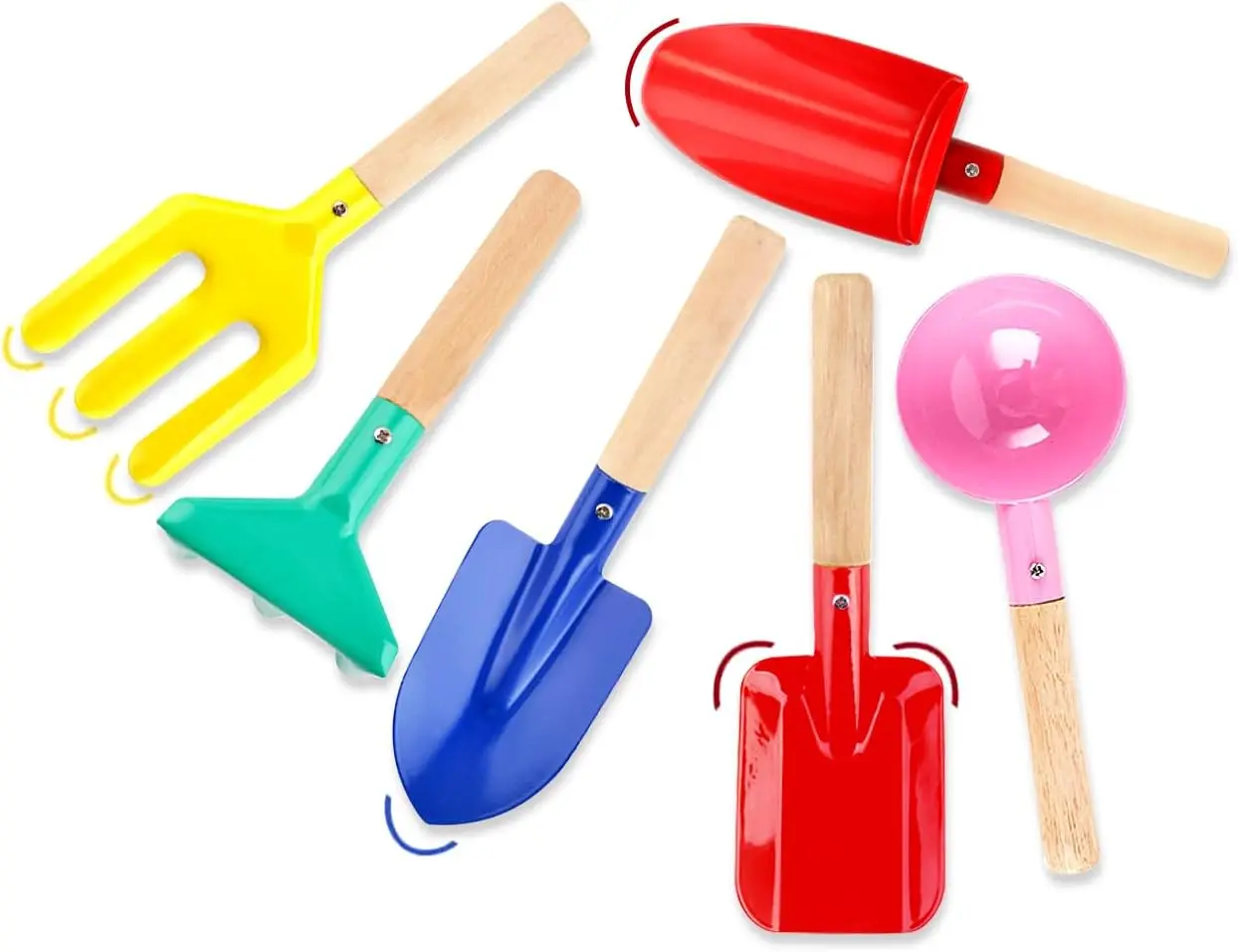 

6-Piece Metal Beach Sand Toys with Wooden Handles, Kids Gardening Set - Shovel, Rake, Fork, Spoon
