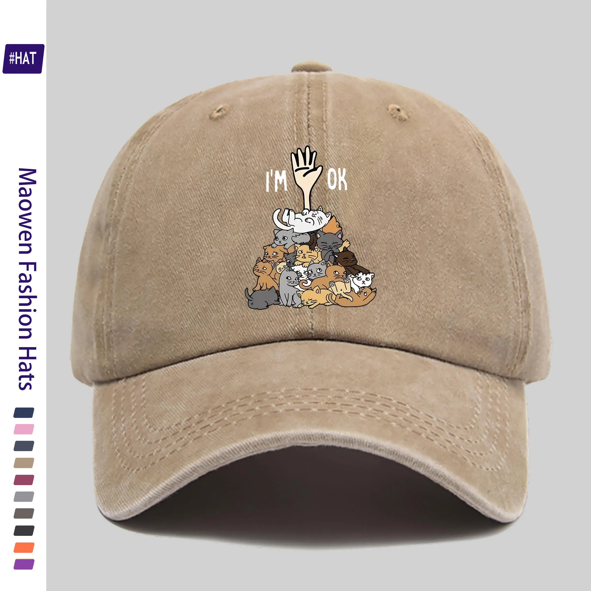 1pc I'OK Cat Pile Fun Cute Pet Style Pattern Hot-Stamped Unisex Baseball Cap for Autumn/Winter, Retro Washed Neutral Cap