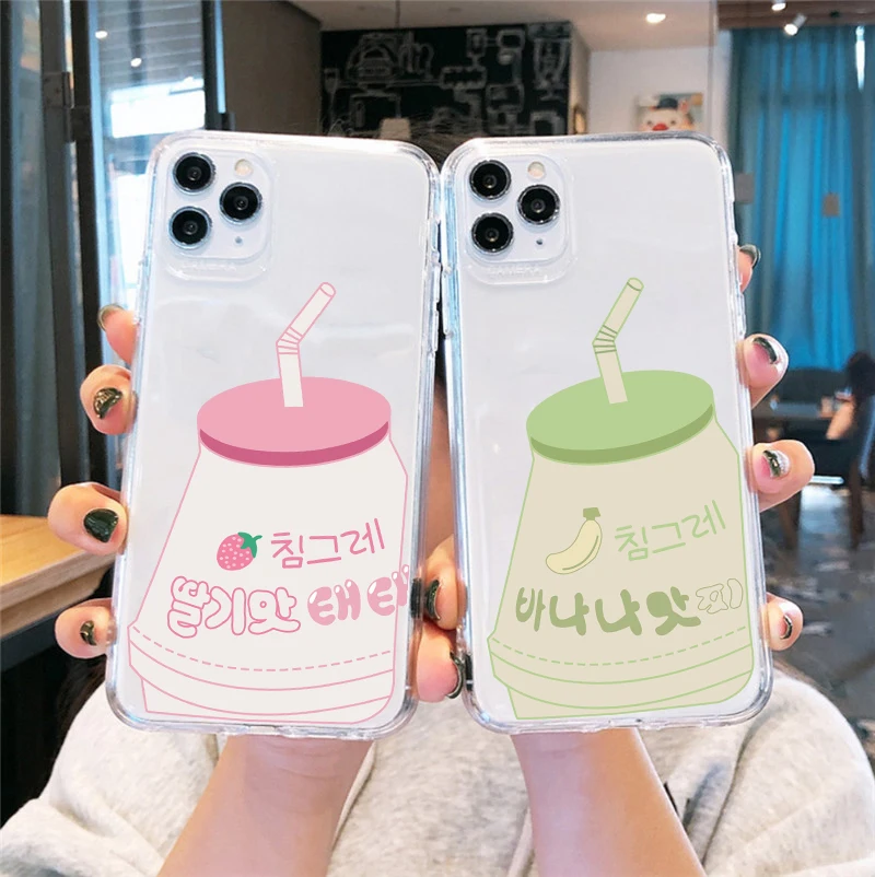 GYKZ Cute Korea Banana Milk Strawberry Drink Phone Case for IPhone 13 11 12 14 Pro XS MAX 7 SE2 XR X 8 14Plus Clear Cover Funda