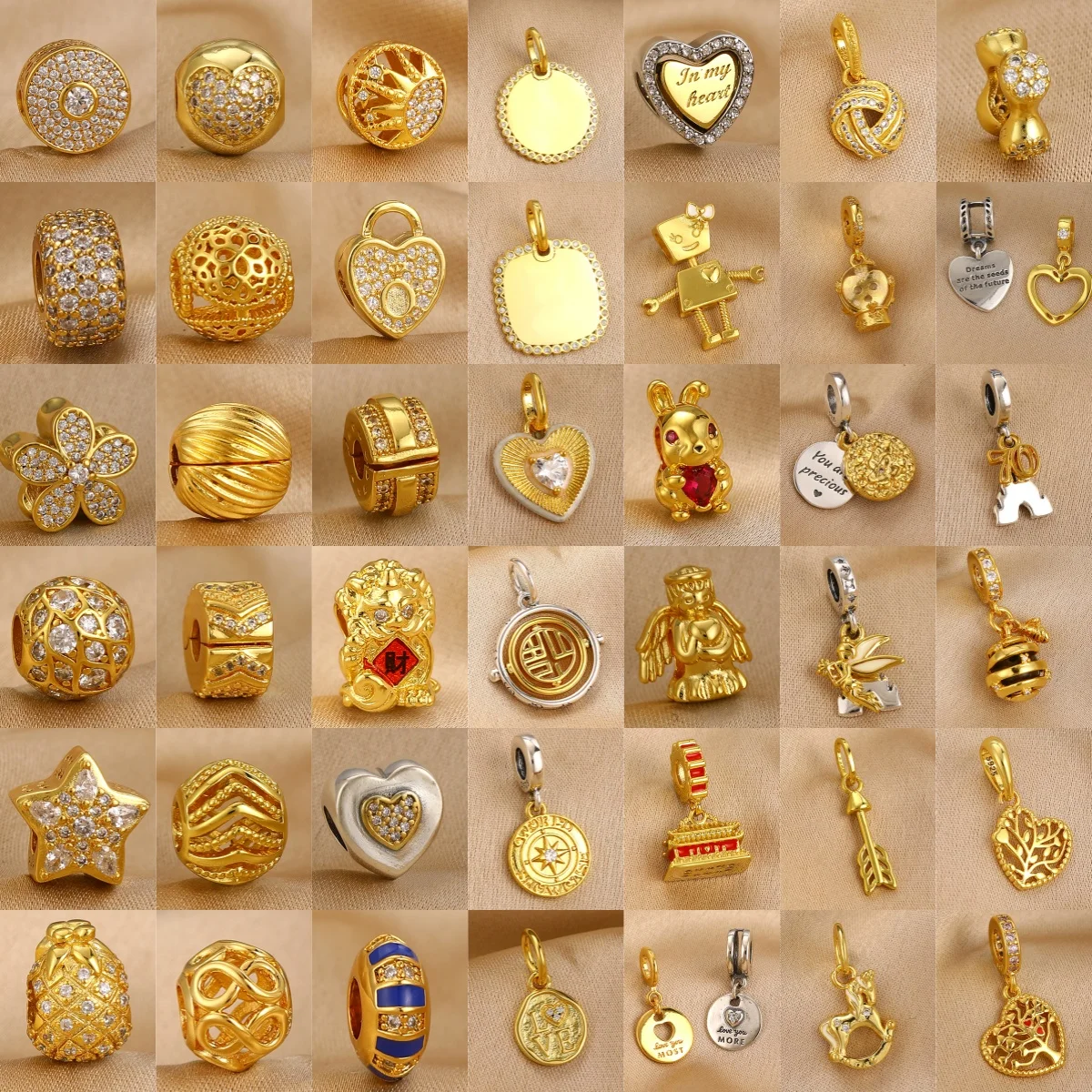 Gold Series 925 Silver Robot, Angel, Heart shaped Eternal Pendant Bead, European Bracelet DIY Women's Luxury Jewelry Accessories