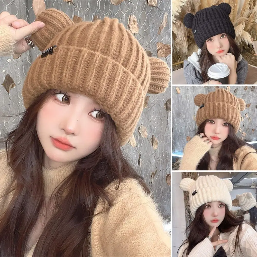 

Cute Crochet Knitted Knitted Hat Keep Warm Thickened Beanie Cap Soft Bonnet Caps for Outdoor Riding